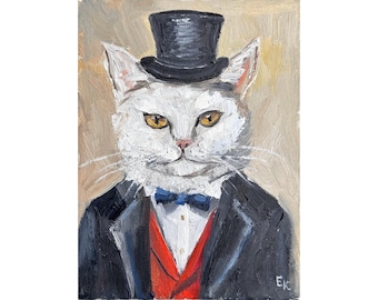 White Cat Portrait: Original Oil Painting in Tuxedo (6x8 inch)