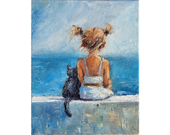 Little Girl with Black Cat Painting Original Oil Painting Impasto Summer Seascape on stretched canvas 8x10 inch by ElenaFloArtShop
