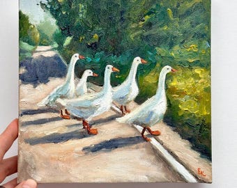 White Geese Oil Painting: Countryside Farm Animal Art, 8x8 Stretched Canvas