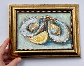 Original Oyster Painting Oil Impasto 5x7 Coastal Seafood Art Lemon Oyster Wall Art Kitchen Decor Small Textured Painting