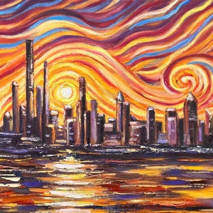 Manhattan Skyline Sunrise Original Oil Painting Van Gogh Style Wall Art New York cityscape NYC 11 by 14" by ElenaFloArtShop