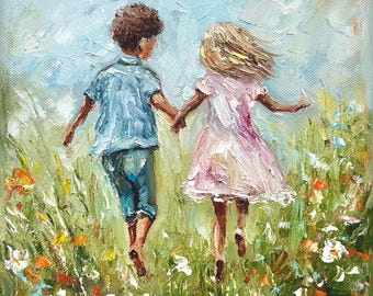 Children Painting Girl and Boy running Siblings Original Oil Painting Impasto Summer Wall Art on stretched canvas 8х10 inch