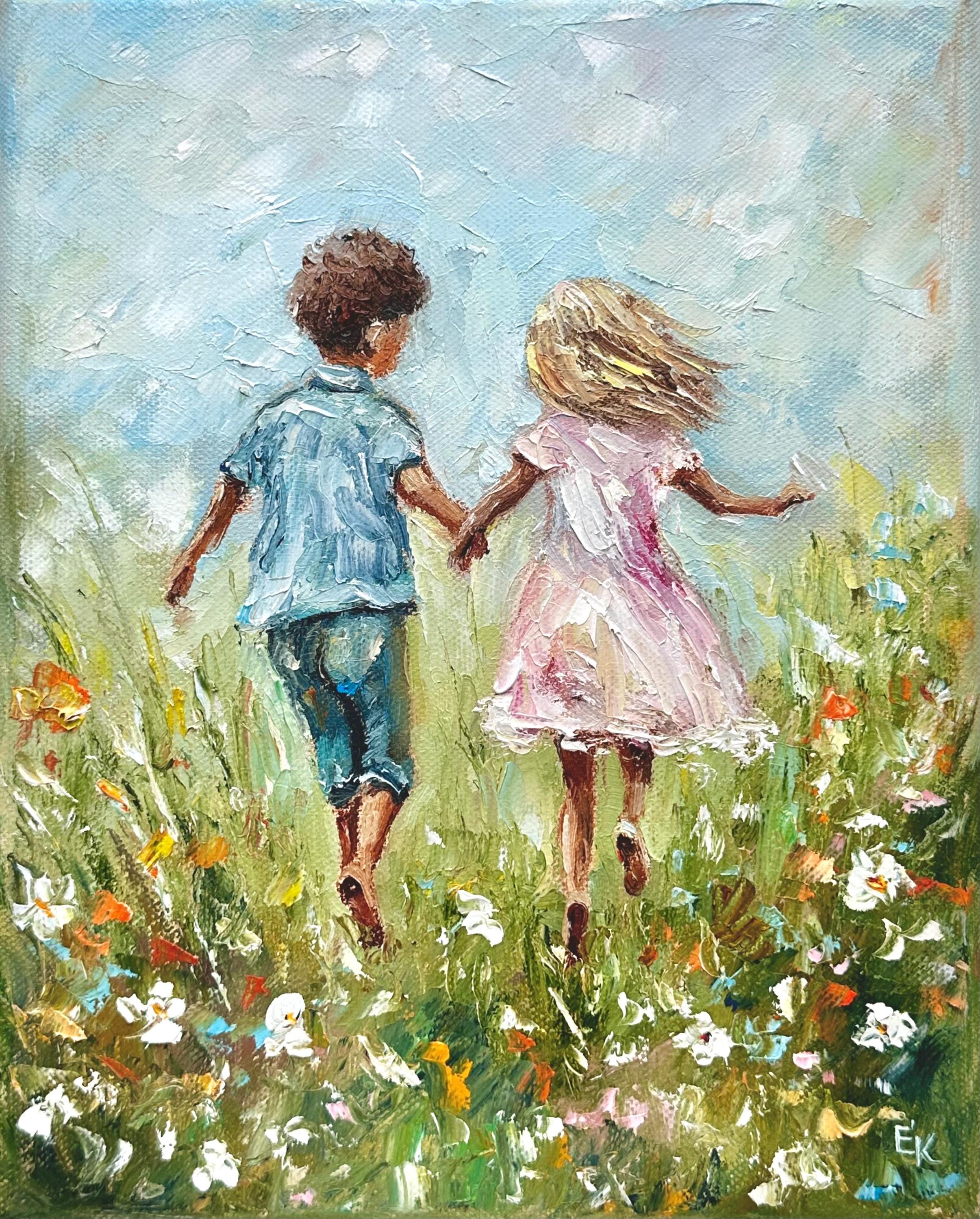 Children Oil Painting: Boy and Girl Running in Summer Meadow