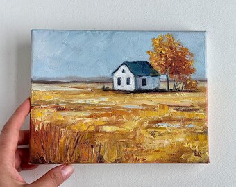 Textured Oil Painting: Rustic Autumn Farmhouse Landscape, 6x8" Canvas