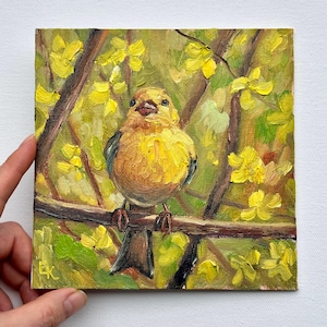 Yellow Bird Painting Small Original Art Oil Painting Spring Wall Art Easter Decor 6 by 6 inch ElenaFloArtShop