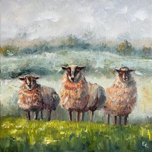 Sheep Painting Original Irish Countryside Landscape Oil Impasto Painting on Stretched Canvas 10 by 10 inch by ElenaFloArtShop