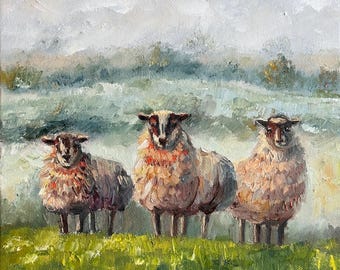 Sheep Oil Painting: Irish Countryside Landscape, Impasto Art (10x10 inch)