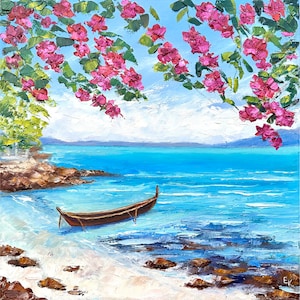 Seascape Original Oil Painting Tropical beach Boat Wall Art 16x16&quot; by ElenaFloArtShop