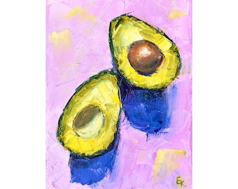 Avocado Original Oil Painting Still life Kitchen Art Stretched canvas 6*8 inch by ElenaFloArtShop