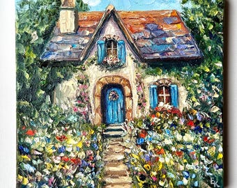 French Cottage Oil Painting: Impasto Flower Garden Art, 10x10"