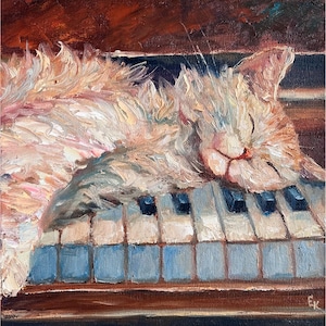ピアノの上の猫の肖像画 オリジナル絵画 ペット 油絵 動物 壁アート ストレッチキャンバス 10 x 10 インチ ElenaFloArtShop 作