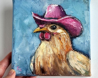 Cowgirl Chicken Oil Painting: Whimsical Farm Animal Art, 6x6" Canvas