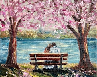 Cherry Blossom Couple Oil Painting: Romantic Lake Art (8x8 inch)