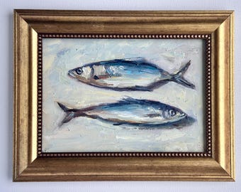 Sardines Oil Painting: Small Coastal Kitchen Art, 5x7"