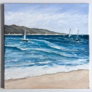 Sailboats Painting Original Oil Painting Boats Seascape Wall Art Sea Bay Impasto 14 by 14&quot; by ElenaFloArtShop