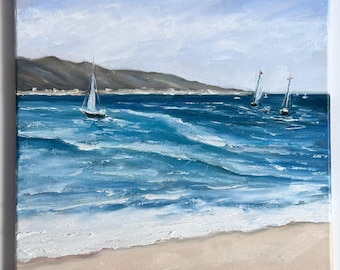 Original Sailboats Oil Painting: Impasto Seascape Wall Art, 14x14"