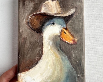 Olieverfschilderij cowboyeend: grillige kunst van boerderijdieren, canvas van 5 x 7