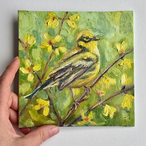 Yellow Bird Oil Painting: Small Original Spring Wall Art (6x6 inch)