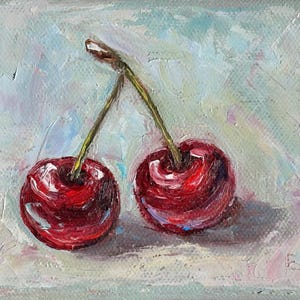 Cherry Oil Painting: Small Still Life Kitchen Art, 4x5 Impressionist Canvas