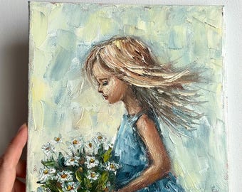 Little Girl Painting Girl with wild flowers Original Oil Painting Impasto Summer Wall Art on stretched canvas 8х8 inch