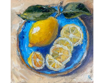 Pintura al óleo de limón Cocina original Arte pequeño Arte de alimentos sobre lienzo estirado 8x8 pulgadas por ElenaFloArtShop