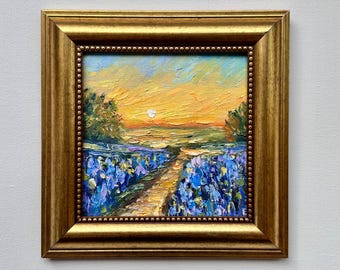 Bluebonnet Painting: Texas Landscape Oil Painting, Impasto Floral Art (5x5)