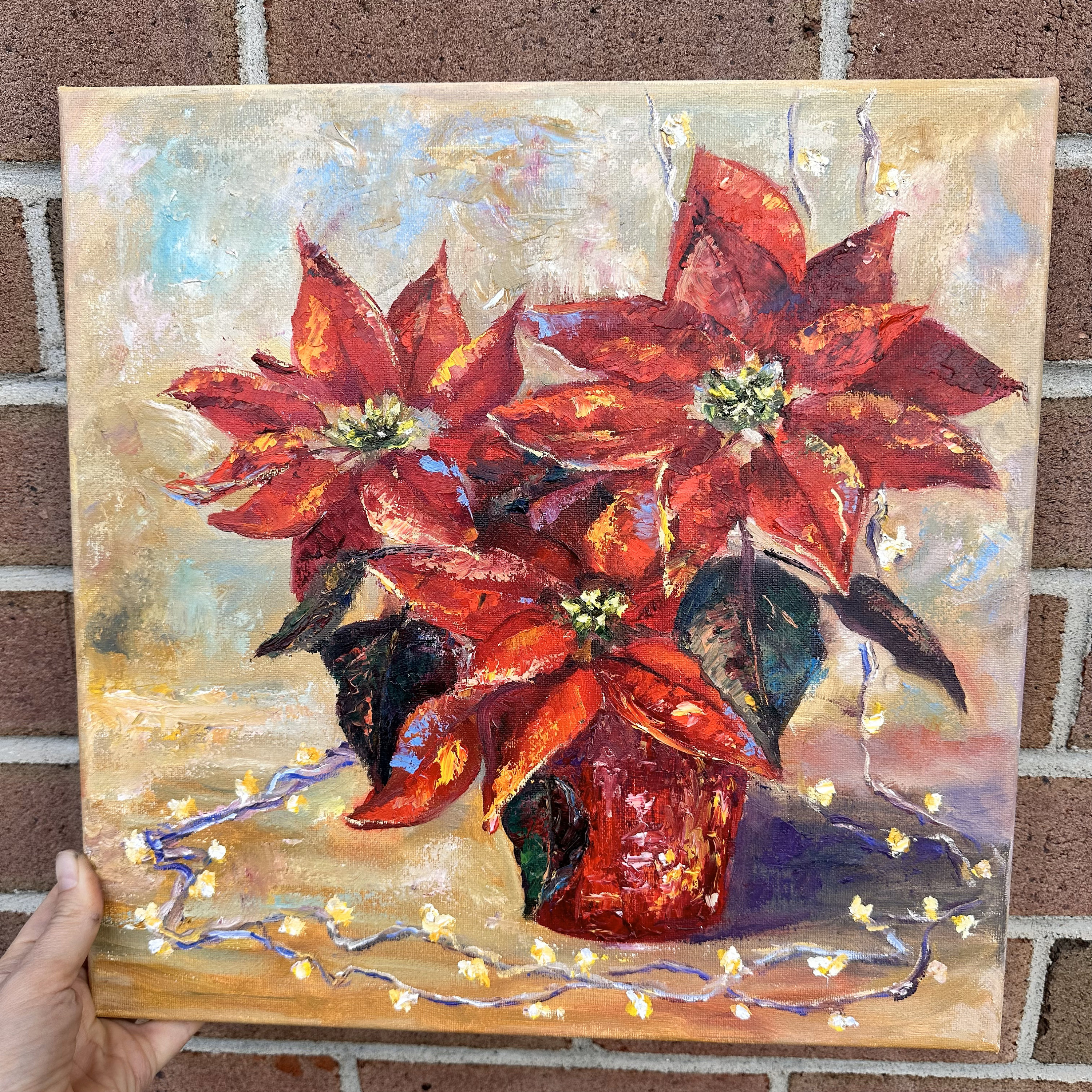 油絵 クリスマスの花 赤 ポインセチア 美術品・アンティーク