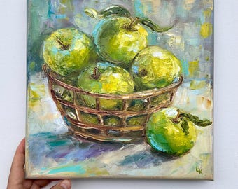 グリーンアップルの油絵：インパストフルーツ静物画、8x8 - Etsy 日本