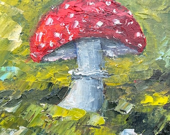 Fliegenpilz Gemälde Original Öl Kunstwerk Pilz Herbst Impasto 6x6 '' by ElenaFloArtShop
