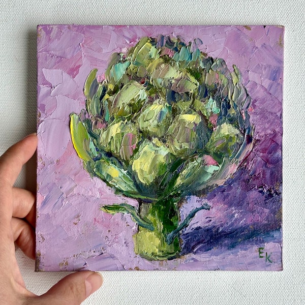 Artichoke Painting Original Kitchen Small Art Food Artwork Oil on canvas board 6x6 inch by ElenaFloArtShop