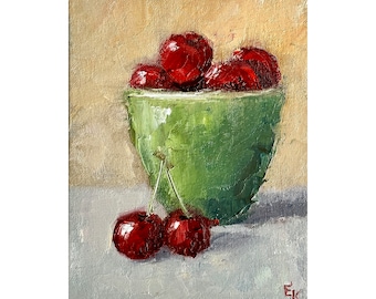 Pintura al óleo original de cerezas, bodegón, arte de cocina, lienzo de 5 x 7 pulgadas de ElenaFloArtShop