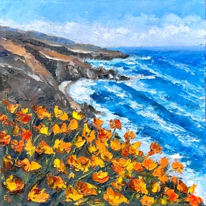 California Poppies Painting Original Art Flower Landscape Seascape Artwork Oil Painting Impasto stretched canvas 10x10&quot; by ElenaFloArtShop