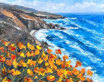 California Poppies Oil Painting: Coastal Landscape Impasto Art (10x10)