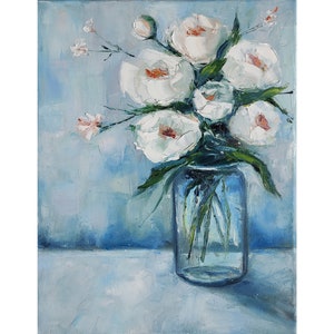 Peony Painting White Bouquet Impasto Flowers Original Oil Painting Floral Wall Art Stretched canvas 14х18 inch by ElenaFloArtShop