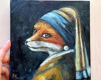 Fox with Pearl Earring: Original Oil Painting Pet Portrait (6x6 inch)