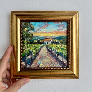 Napa Valley Vineyard Mini Oil Painting: Golden Sunset Landscape