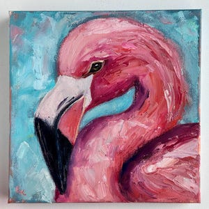 Flamingo Oil Painting: Tropical Impasto Art on Canvas (8x8 inch)