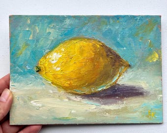 Lemon Oil Painting: Original Kitchen Still Life Impasto Art 5x7"