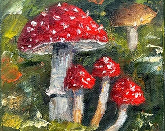 Fliegenpilz Gemälde Original Öl Kunstwerk Pilz Herbst Impasto 6x6 '' by ElenaFloArtShop