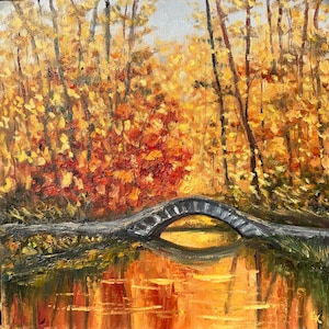 Autumn Bridge Oil Painting: Fall Landscape Wall Art (12x12 inch)