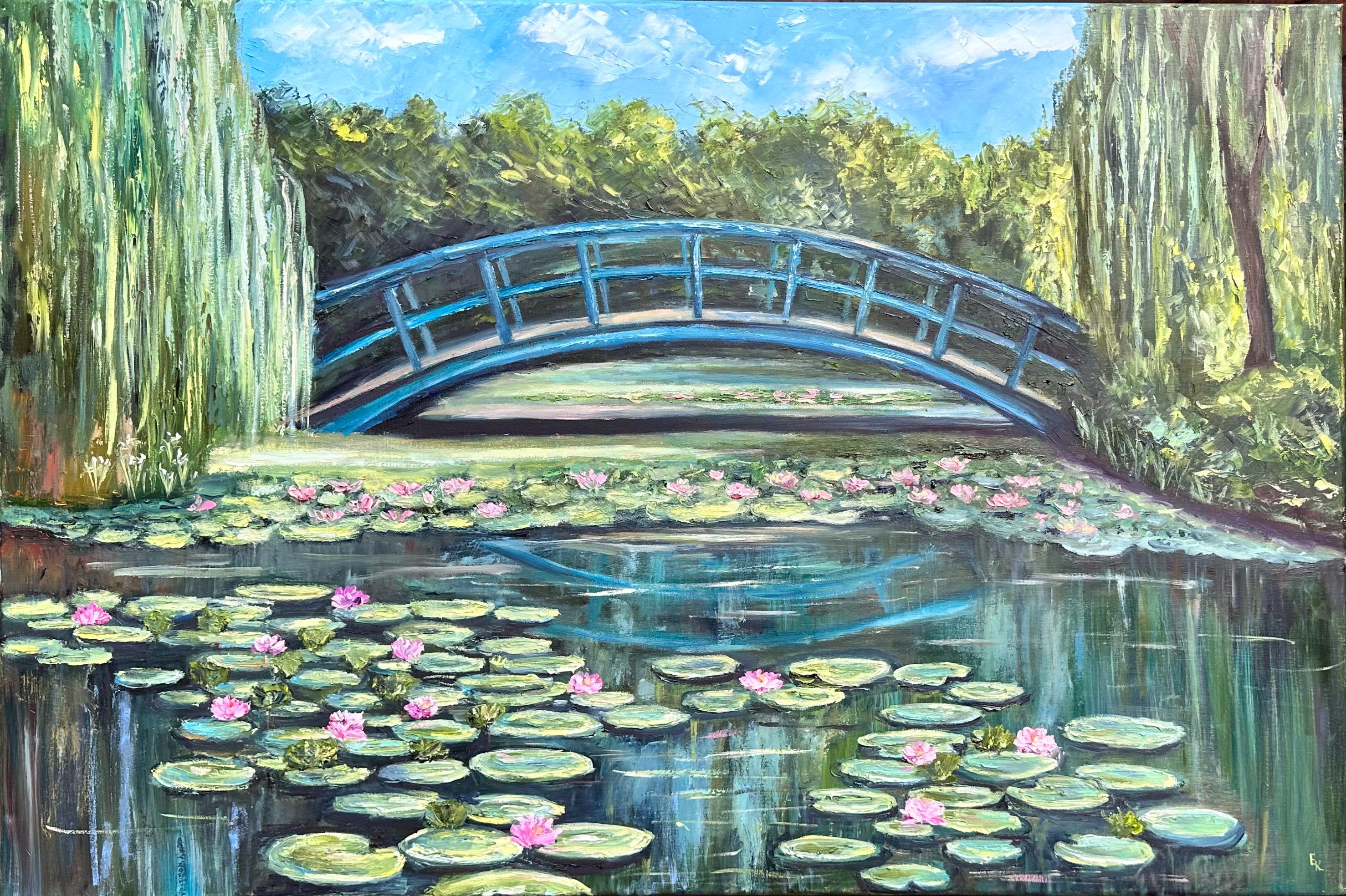 睡蓮の池の絵画 モネの橋 オリジナルアートワーク キャンバスに手描き