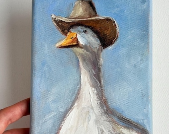 Cowboy Goose Oil Painting: Whimsical Farm Animal Art, 5x7