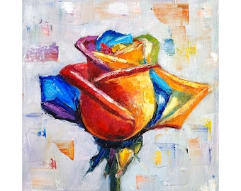 Rainbow Rose Oil Painting: Impasto Floral Art on Canvas (10x10 inch)