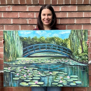 Water Lily Pond Painting Monet Bridge Original Artwork Oil Handpainted on canvas by ElenaFloArtShop