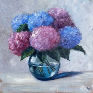 Hydrangea Bouquet Oil Painting Original Floral Wall Art Stretched canvas 16х16 inch by ElenaFloArtShop