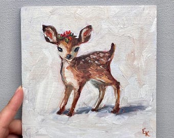 森の動物の油絵オリジナル、雪景色の鹿の絵、湖畔のアートハウスの装飾