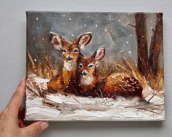 油絵 油彩 油彩画 絵 絵画　【雪景色の中で雪に立つ雄鹿】 油絵 油彩 油彩画 絵 絵画 【雪景色の中で雪に立つ鹿】 絵画 HR 通販