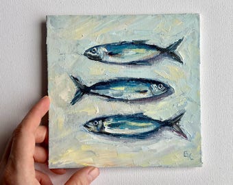 Sardines Oil Painting: Small Coastal Kitchen Fine Art, 6x6''