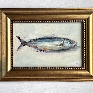 Sardines Painting Original Kitchen Small Fine Art Food Coastal Kitchen Decor Nautical Artwork Oil on canvas panel 4x6&#39;&#39; by ElenaFloArtShop