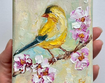 Goldfinch Original Oil Painting Small Spring Bird Art Floral Wall Decor Easter Gift 4x5